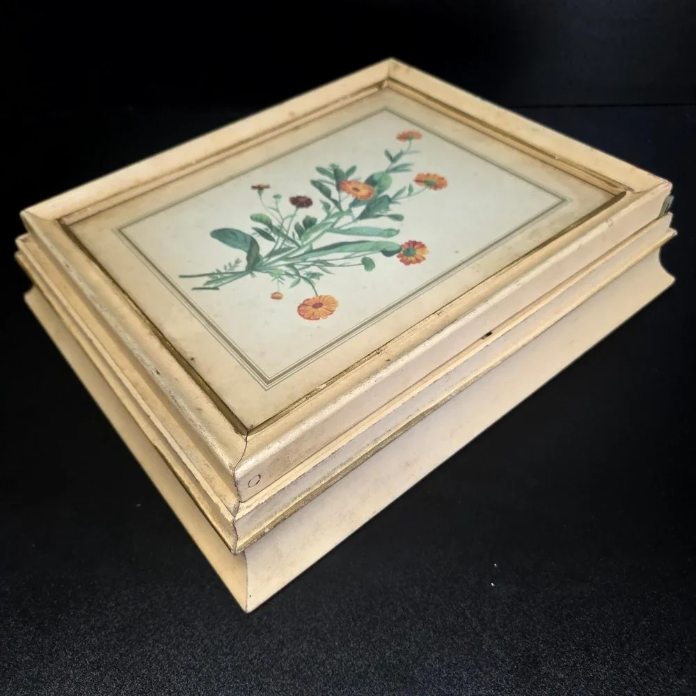 Cottage Core Jewelry Box Cream Vintage Botanical Floral Gold Gilt Mirror Decor